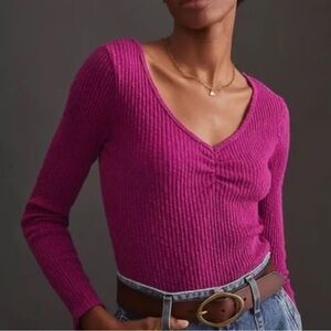 Anthropologie T.La Cinched V-Neck Long Sleeve Ribbed Slim Top Size‎ Large